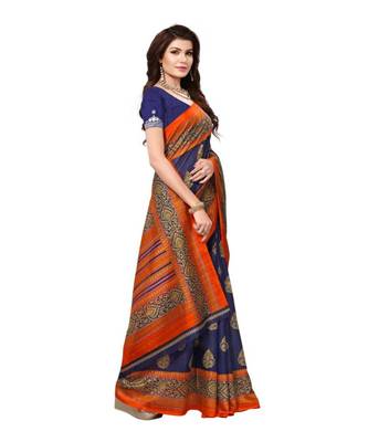 Blue Printed Art Silk Saree With Blouse 3