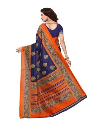 Blue Printed Art Silk Saree With Blouse 4