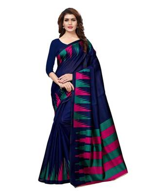Blue Printed Art Silk Saree With Blouse 1