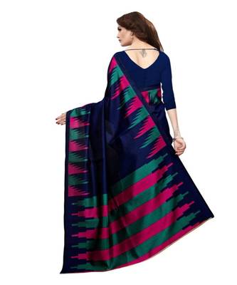 Blue Printed Art Silk Saree With Blouse 3