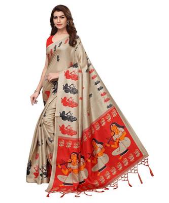 Beige Printed Art Silk Saree With Blouse 2