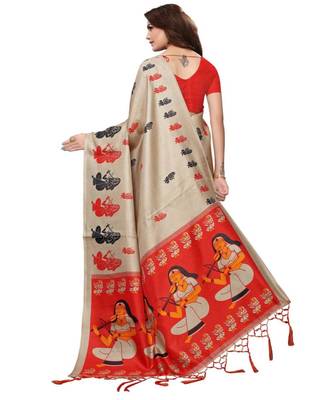 Beige Printed Art Silk Saree With Blouse 3