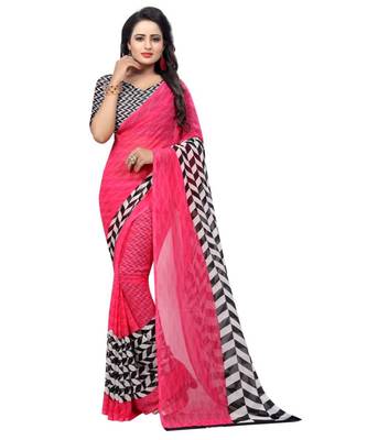 Pink Printed Georgette Silk Saree With Blouse 1