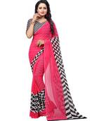 Pink Printed Georgette Silk Saree With Blouse