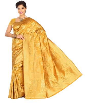 Yellow woven banarasi saree with blouse 1