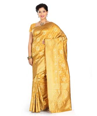Yellow woven banarasi saree with blouse 2