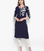 Blue embroidered rayon kurtas-and-kurtis