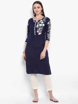 Blue embroidered rayon kurtas-and-kurtis 5