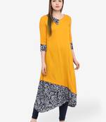 Mustard printed rayon kurtas-and-kurtis