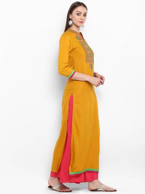 Mustard embroidered rayon kurtas-and-kurtis 2