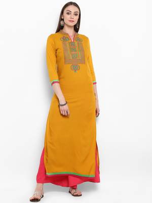 Mustard embroidered rayon kurtas-and-kurtis 5