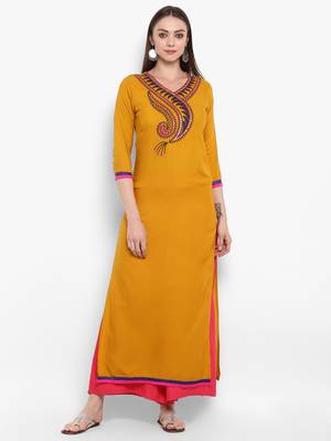 Yellow embroidered rayon kurtas-and-kurtis 1