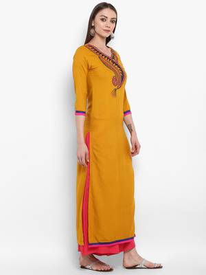 Yellow embroidered rayon kurtas-and-kurtis 2
