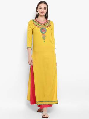 Yellow embroidered rayon kurtas-and-kurtis 1