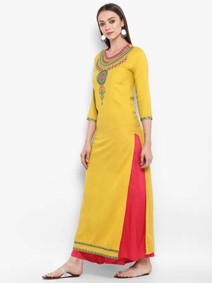 Yellow embroidered rayon kurtas-and-kurtis 2