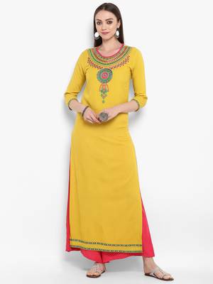 Yellow embroidered rayon kurtas-and-kurtis 5