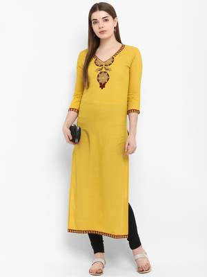 Mustard embroidered rayon kurtas-and-kurtis 5