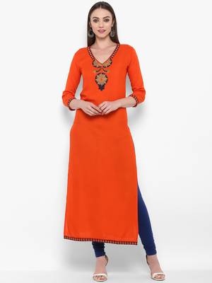 Orange embroidered rayon kurtas-and-kurtis 1