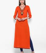 Orange embroidered rayon kurtas-and-kurtis