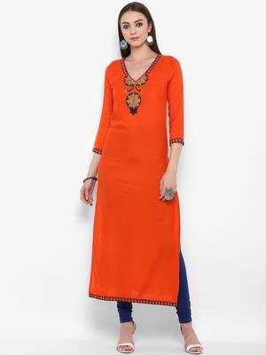 Orange embroidered rayon kurtas-and-kurtis 5