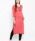 Peach embroidered rayon kurtas-and-kurtis