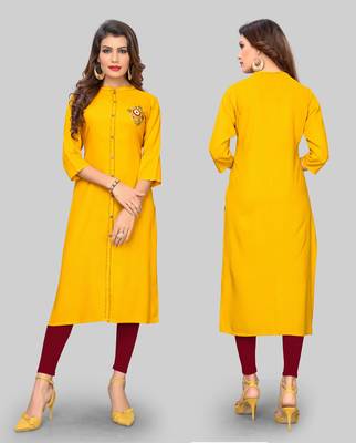 Yellow embroidered rayon ethnic-kurtis 5
