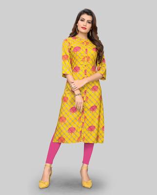Yellow printed rayon ethnic-kurtis 1