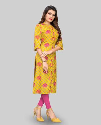 Yellow printed rayon ethnic-kurtis 3
