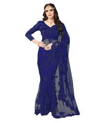 Blue embroidered net saree with blouse 1