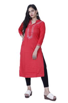 Women's Red Straight Rayon Kurti with mirror embroidery 1