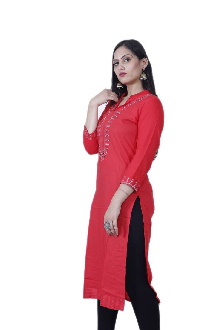 Women's Red Straight Rayon Kurti with mirror embroidery