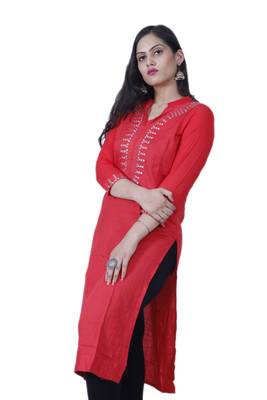 Women's Red Straight Rayon Kurti with mirror embroidery 3