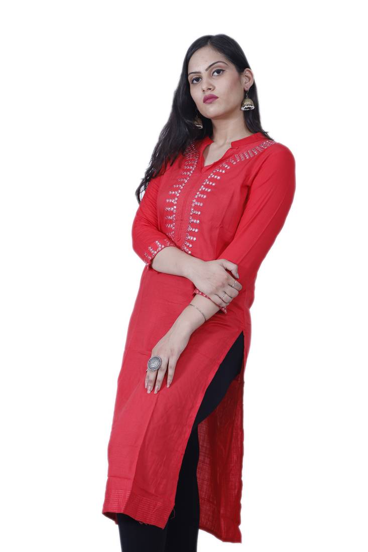 Women's Red Straight Rayon Kurti with mirror embroidery
