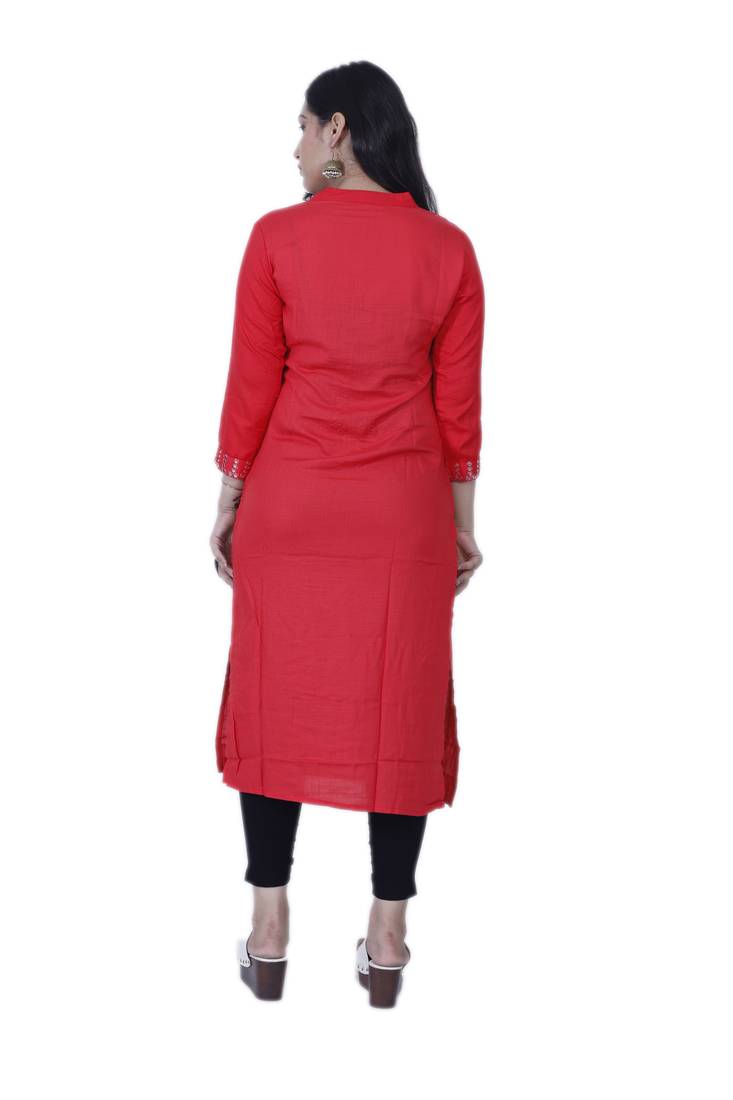 Women's Red Straight Rayon Kurti with mirror embroidery