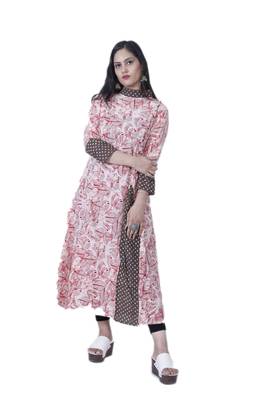 Women's Off- White/Red Printed A-line Frill High Neck Cotton Kurta 1