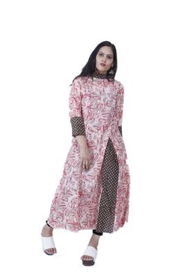Women's Off- White/Red Printed A-line Frill High Neck Cotton Kurta 2