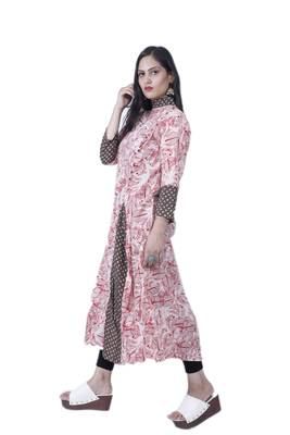 Women's Off- White/Red Printed A-line Frill High Neck Cotton Kurta 3