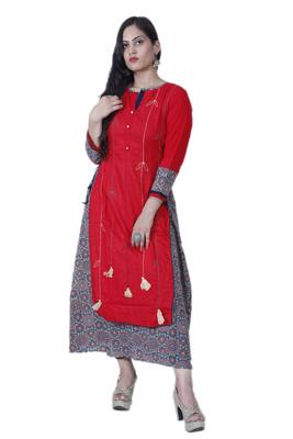 Women's Red A-line double layered Cotton Kurta with Creative Handwork & Funda 1