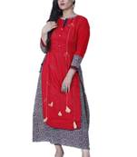 Women's Red A-line double layered Cotton Kurta with Creative Handwork & Funda