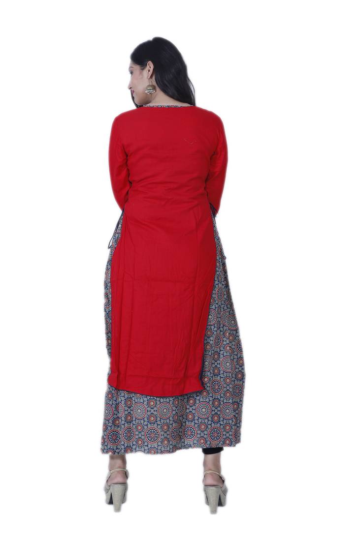 Women's Red A-line double layered Cotton Kurta with Creative Handwork & Funda