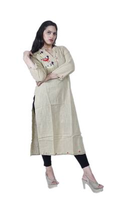 Women's Designer Straight Beige Cotton Kurta with Unique Handwork 1