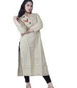Women's Designer Straight Beige Cotton Kurta with Unique Handwork