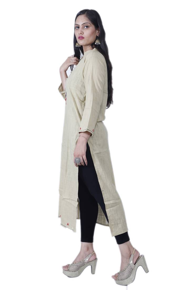 Women's Designer Straight Beige Cotton Kurta with Unique Handwork