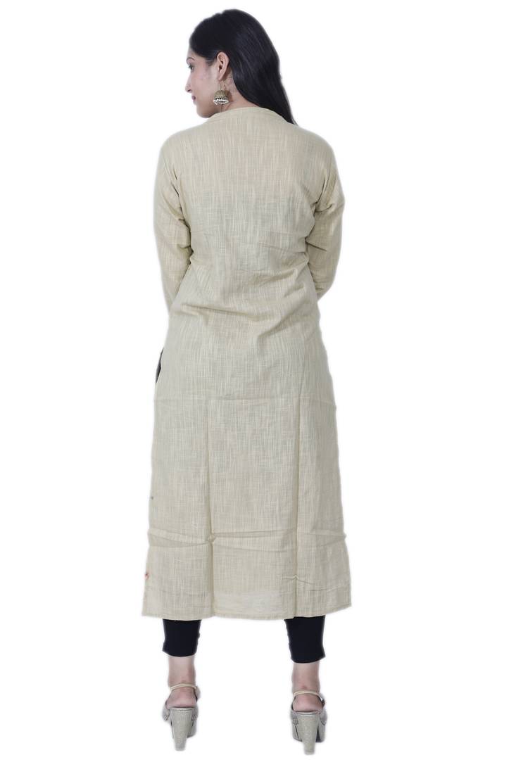Women's Designer Straight Beige Cotton Kurta with Unique Handwork