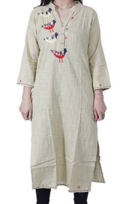 Women's Designer Straight Beige Cotton Kurta with Unique Handwork 4