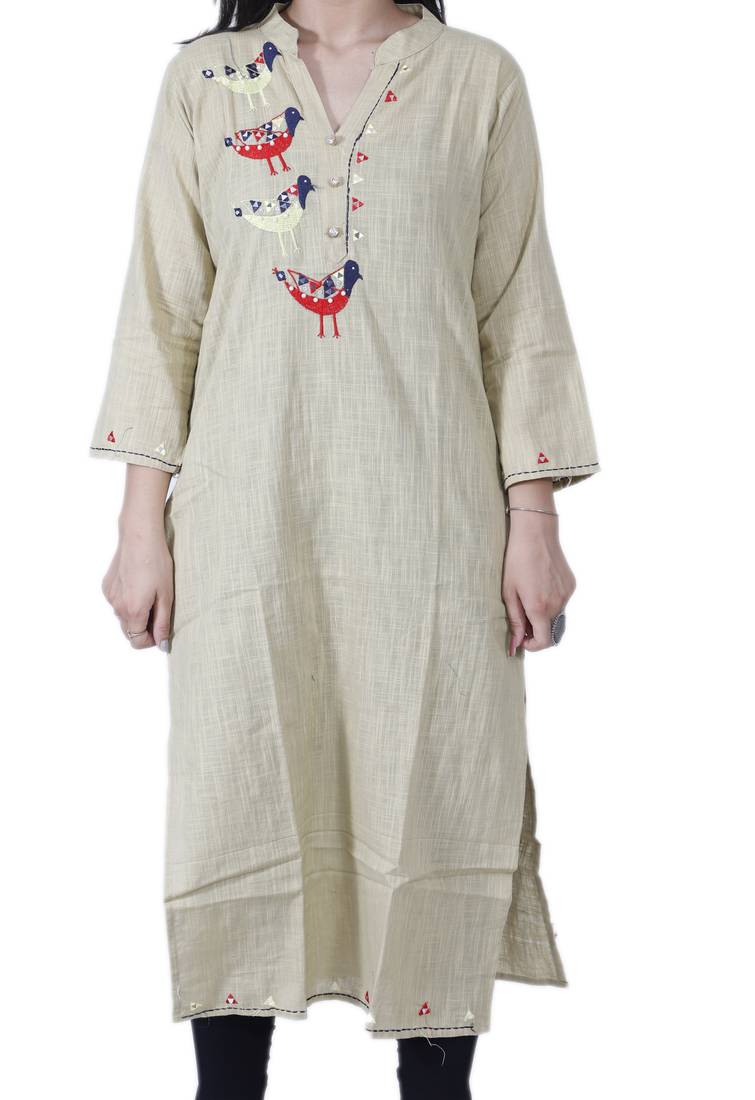 Women's Designer Straight Beige Cotton Kurta with Unique Handwork