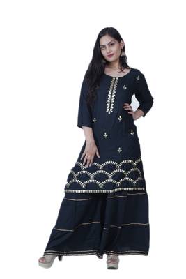Women's Bottle Green Rayon Embroidered Garrara Set with Zari & Gota work 1