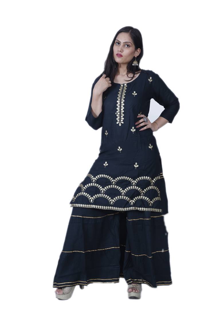 Women's Bottle Green Rayon Embroidered Garrara Set with Zari & Gota work