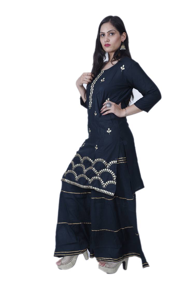 Women's Bottle Green Rayon Embroidered Garrara Set with Zari & Gota work