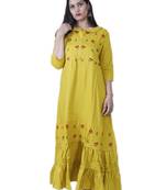 Women's Yellow A-line Frill Rayon Embroidered Kurta